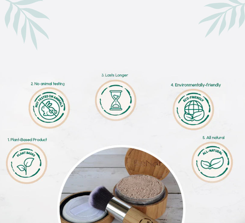 Translucent loose setting powder in an eco friendly bamboo container with puff and plastic sifter — view 4
