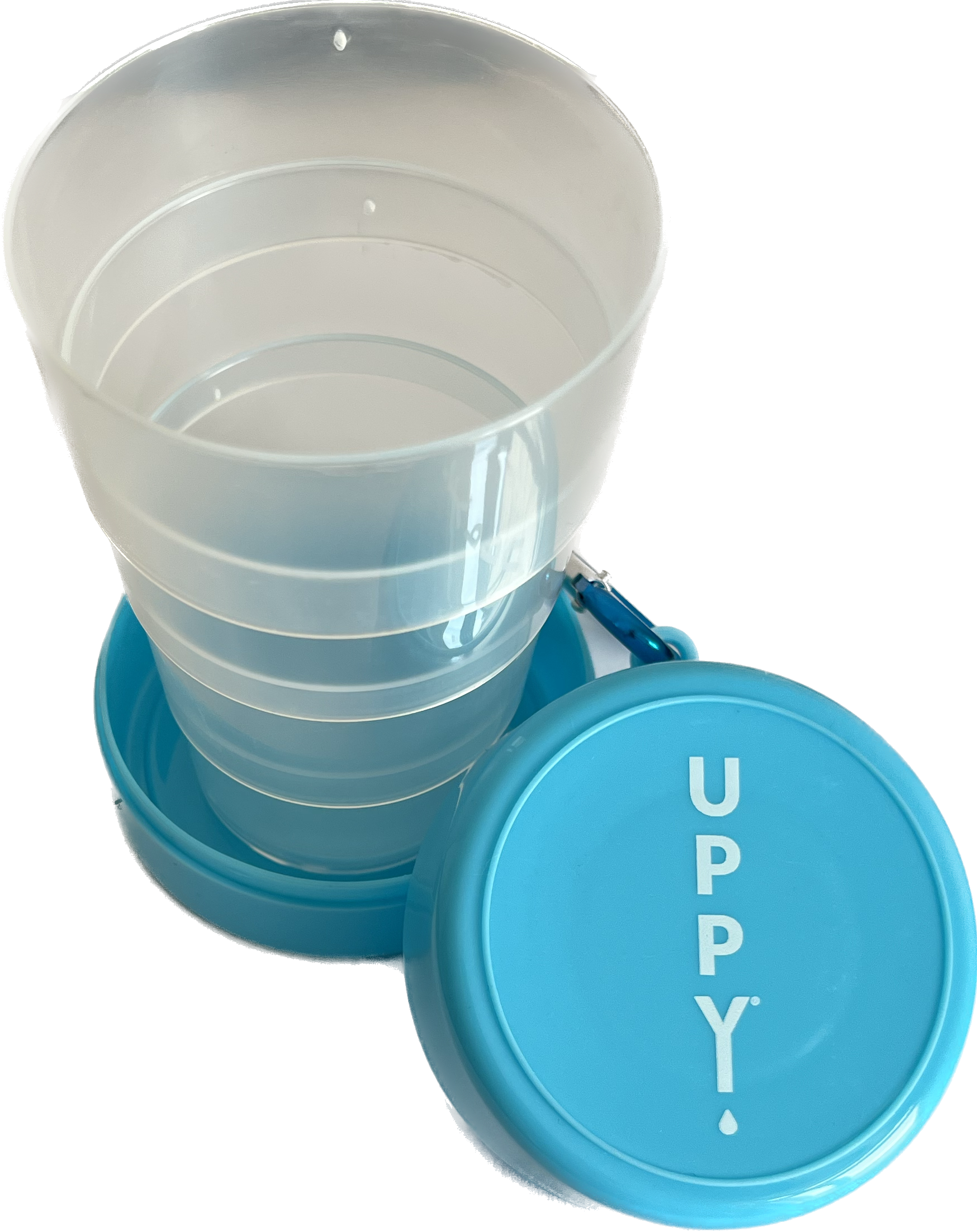 Collapsible travel cup with built in tablet holder carabiner clip and four tier expandable design — view 2