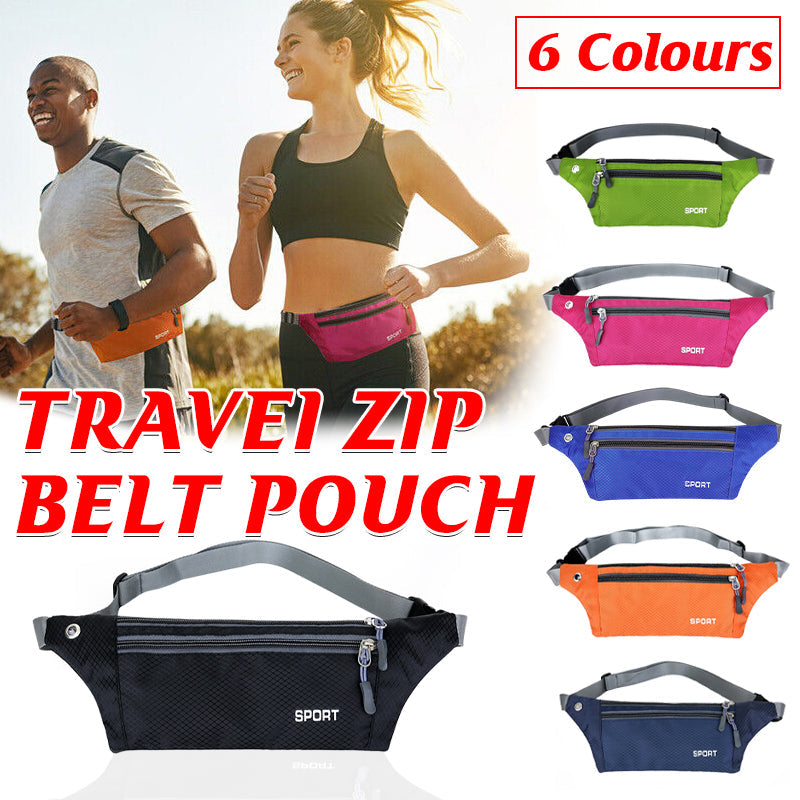 Waterproof running belt waist bag with secure zip pouch in assorted bright activewear colors