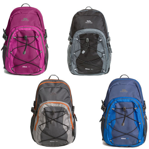 Trespass Albus 30 litre casual hiking backpack in durable polyester with padded straps and zip sections