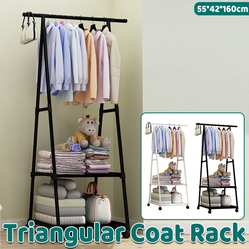 Triangle metal coat rack with hanging rod and bottom shelves in black and white finish