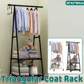 Triangle metal coat rack with hanging rod and bottom shelves in black and white finish