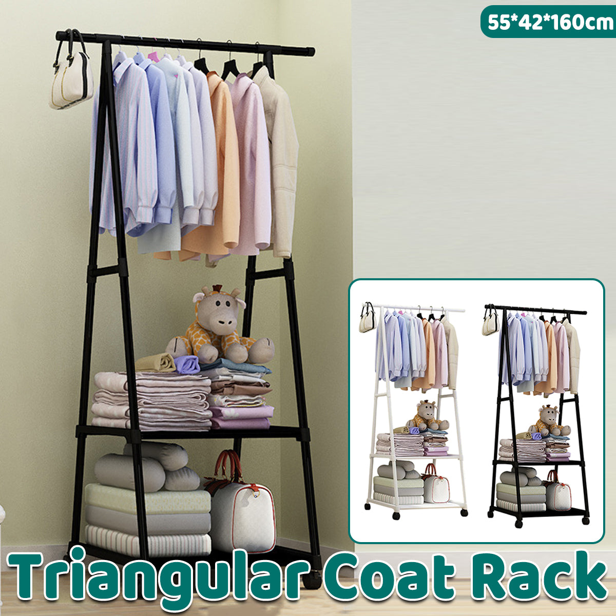 Triangle metal coat rack with hanging rod and bottom shelves in black and white finish
