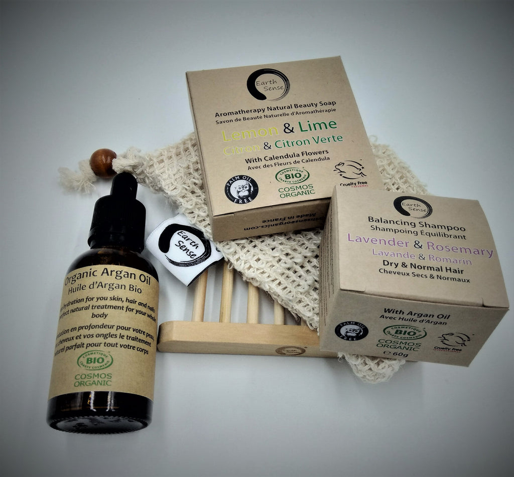 Organic bath and body gift set featuring solid shampoo soap argan oil and bamboo holder — view 2