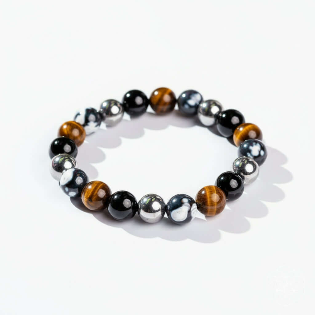 Triple protection healing bracelet featuring natural Orca Agate, Tiger's Eye, Hematite, and Black Obsidian beads