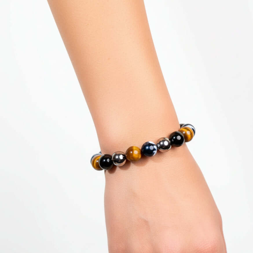 Triple protection healing bracelet featuring natural Orca Agate, Tiger's Eye, Hematite, and Black Obsidian beads — view 2