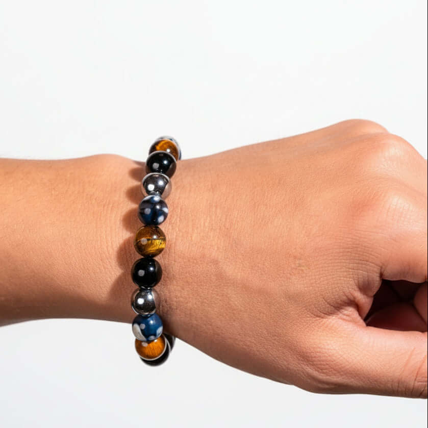 Triple protection healing bracelet featuring natural Orca Agate, Tiger's Eye, Hematite, and Black Obsidian beads — view 3