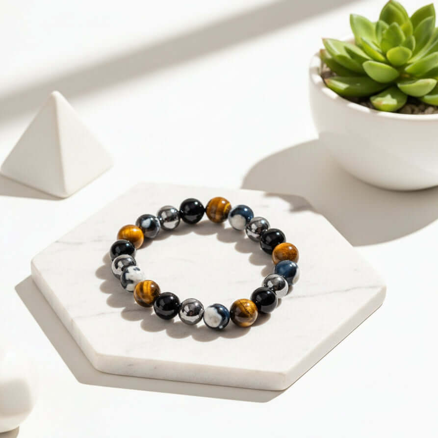 Triple protection healing bracelet featuring natural Orca Agate, Tiger's Eye, Hematite, and Black Obsidian beads — view 5