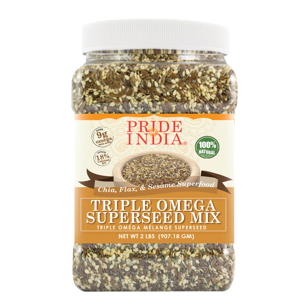 Triple Omega Superseed Mix in a clear BPA free jar showing chia flax and sesame seeds — view 3