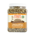 Triple Omega Superseed Mix in a clear BPA free jar showing chia flax and sesame seeds