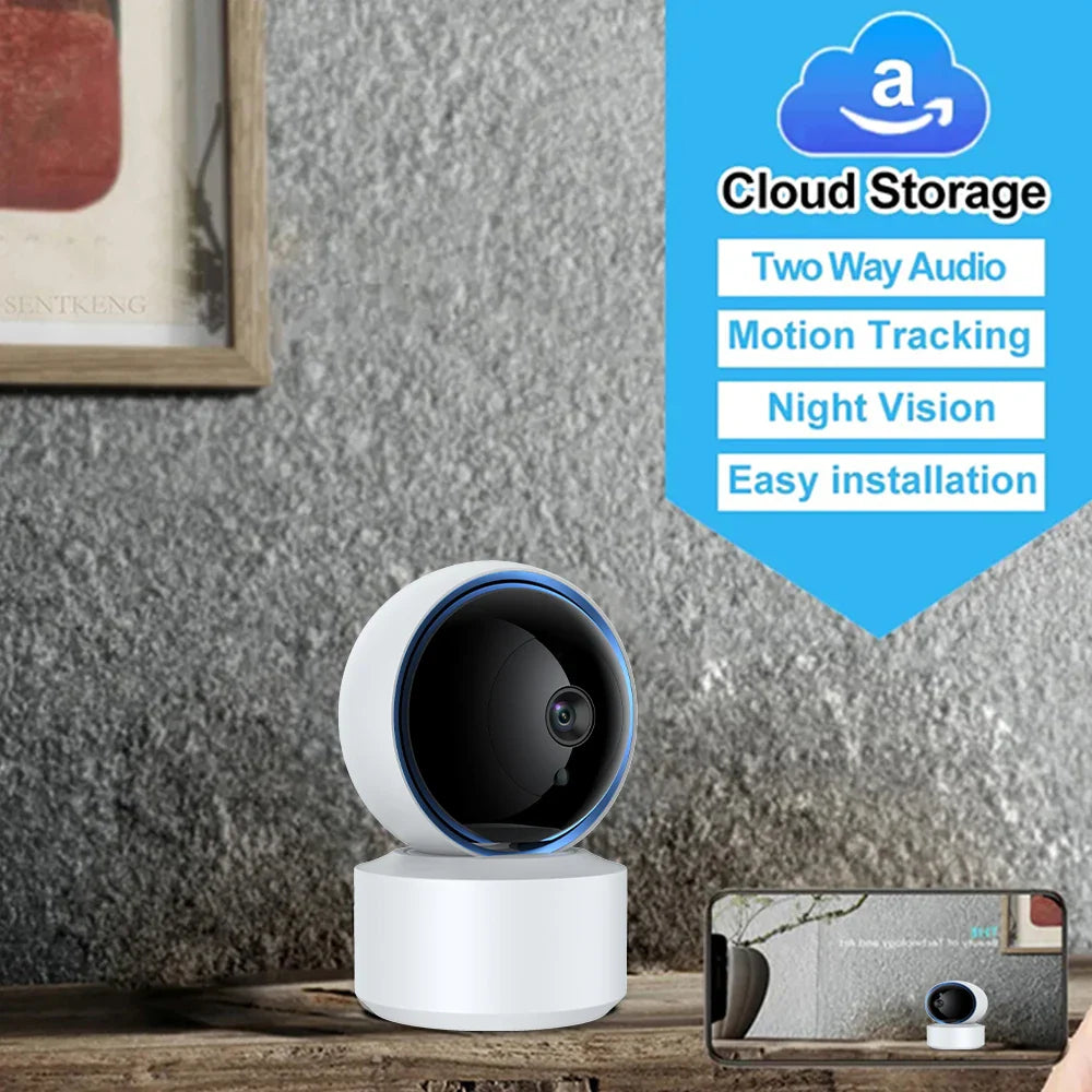 NNEOBA 1080P Wifi baby monitor camera featuring a sleek white design and 360-degree rotating lens — view 5