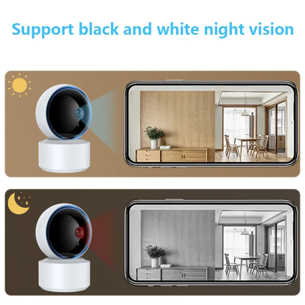 NNEOBA 1080P Wifi baby monitor camera featuring a sleek white design and 360-degree rotating lens — view 3