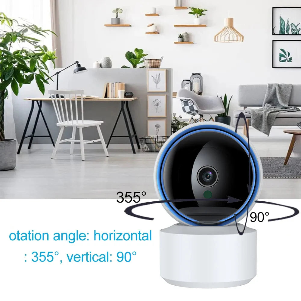NNEOBA 1080P Wifi baby monitor camera featuring a sleek white design and 360-degree rotating lens — view 4