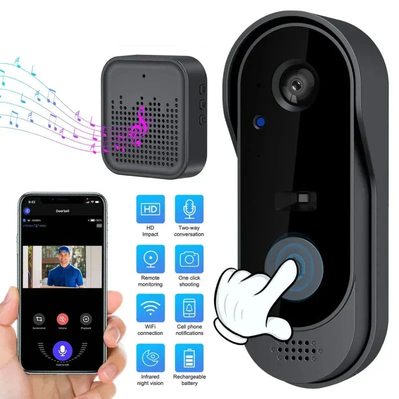 Black wireless smart video doorbell camera with intercom system and wide angle lens — view 2