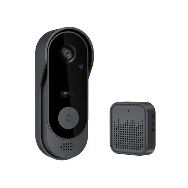 Black wireless smart video doorbell camera with intercom system and wide angle lens