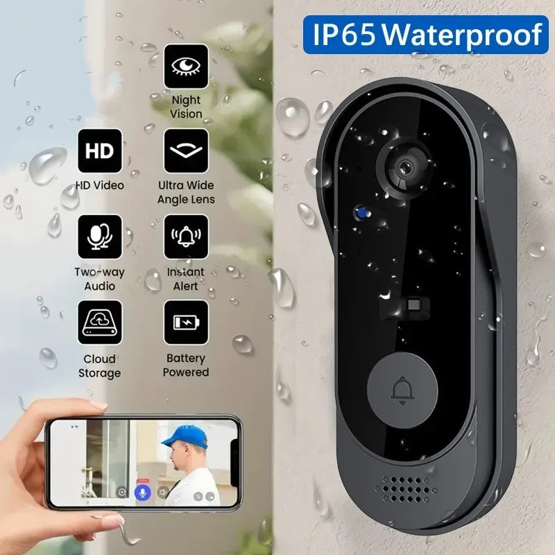 Black wireless smart video doorbell camera with intercom system and wide angle lens — view 3