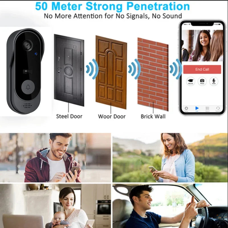 Black wireless smart video doorbell camera with intercom system and wide angle lens — view 4