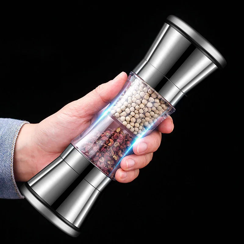 2-in-1 stainless steel spice grinder, dual-head silver pepper mill with transparent acrylic chambers — view 2