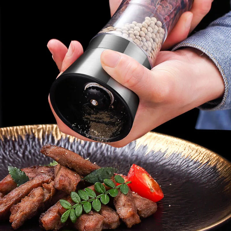 2-in-1 stainless steel spice grinder, dual-head silver pepper mill with transparent acrylic chambers — view 3