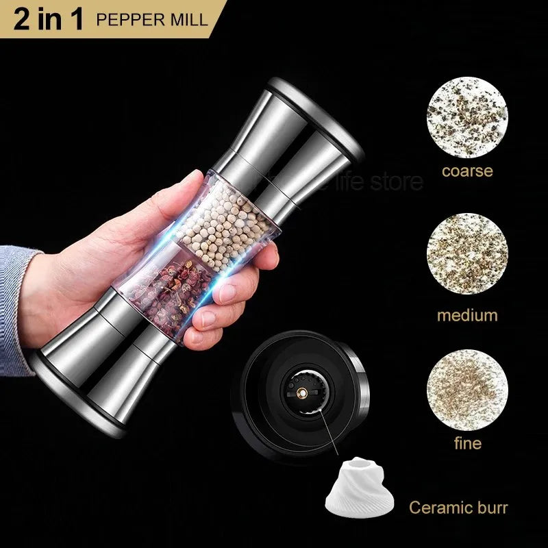 2-in-1 stainless steel spice grinder, dual-head silver pepper mill with transparent acrylic chambers — view 5