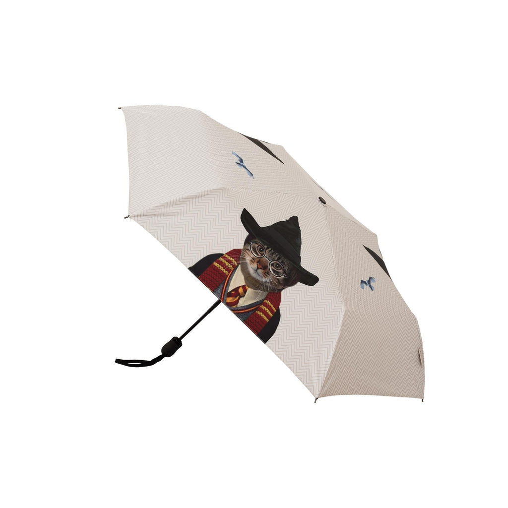Magical cat automatic folding umbrella with artistic feline tapestry pattern and matching protective sleeve