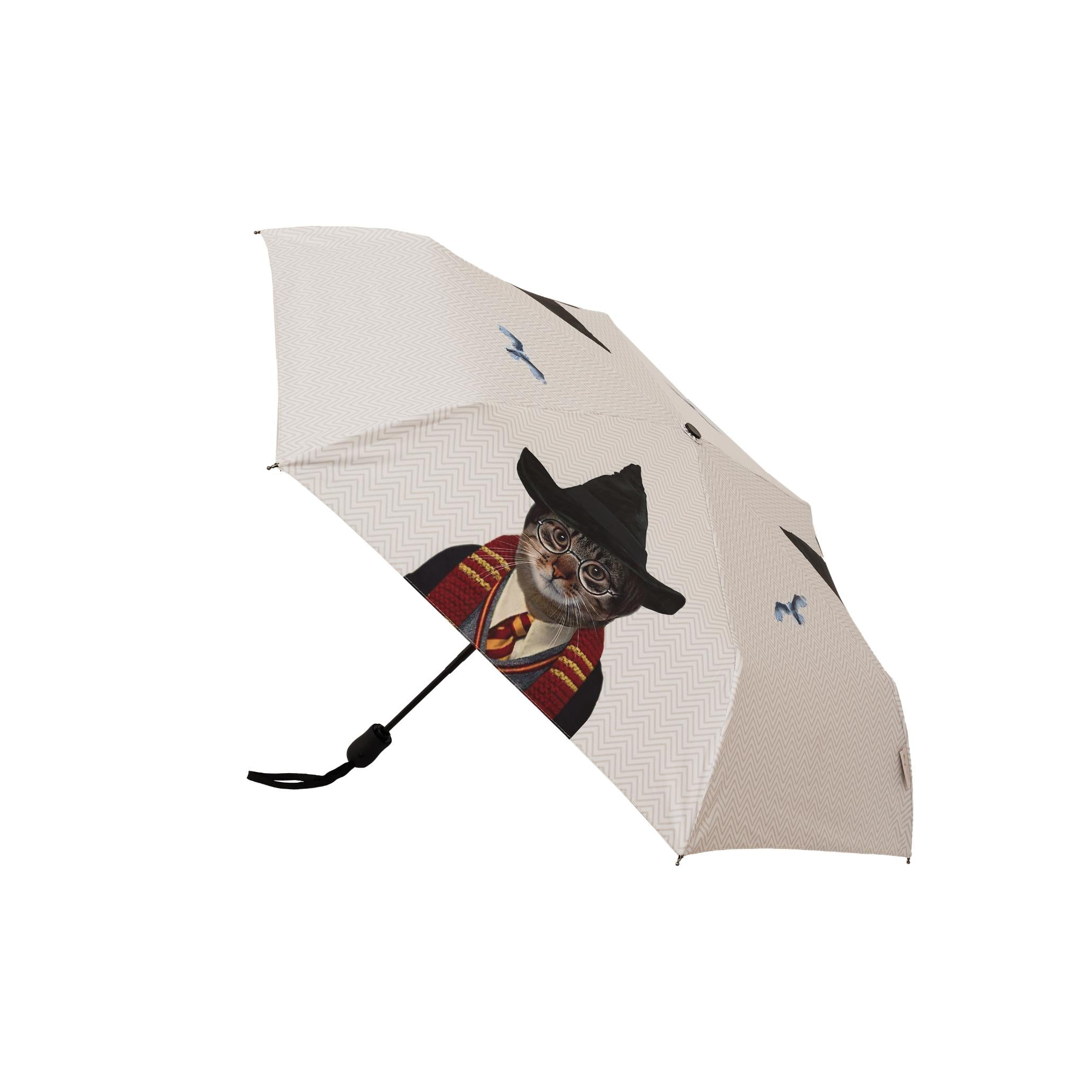 Magical cat automatic folding umbrella with artistic feline tapestry pattern and matching protective sleeve