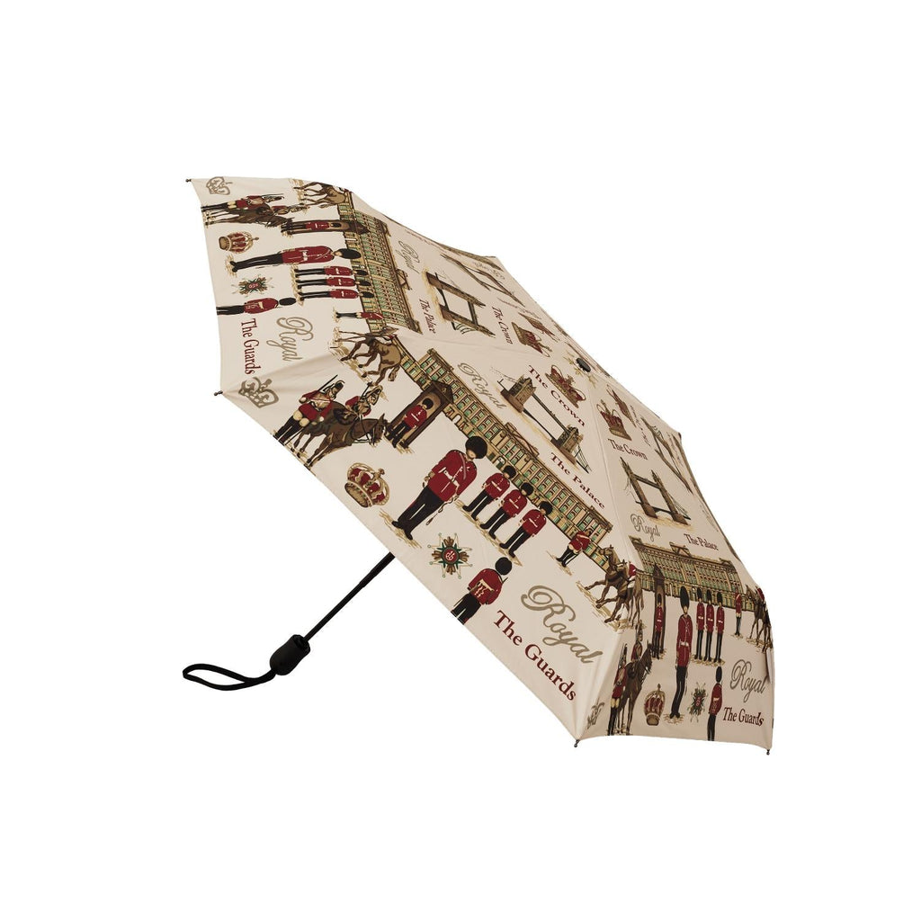 Royal Guard automatic folding umbrella with classic tapestry art design and matching protective storage sleeve.
