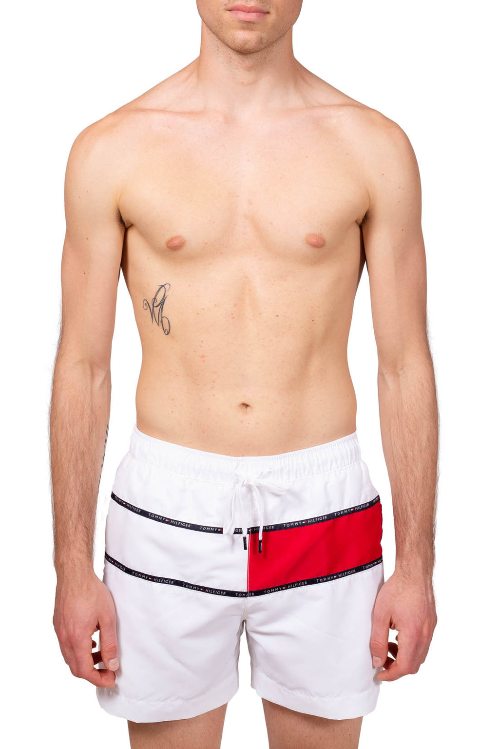 Men's white colorblock swim shorts with elastic waistband, drawstring, and signature logo taping on the front. — view 6