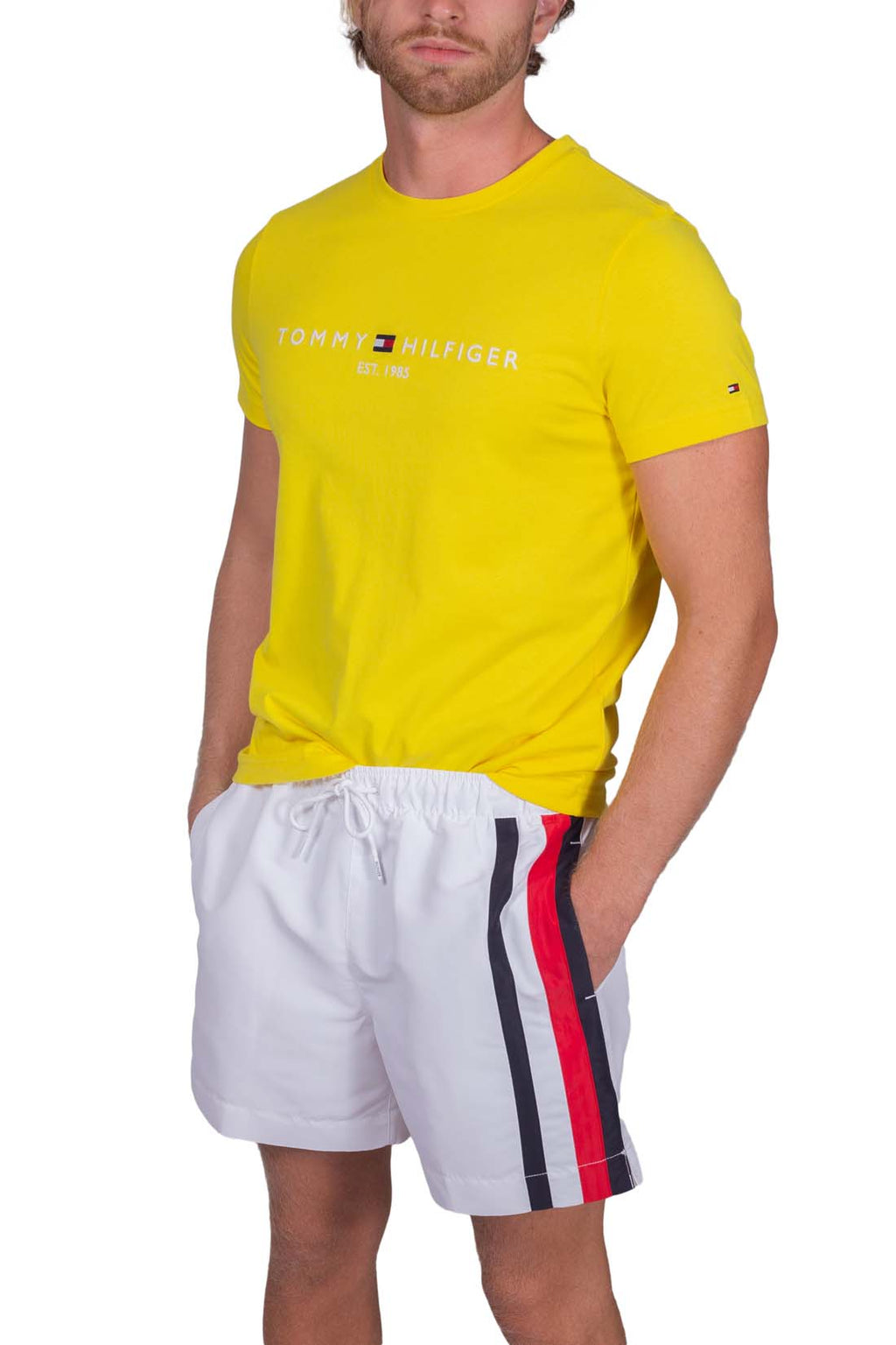Men's white regular fit swim shorts featuring iconic logo taping and an elasticated drawstring waistband — view 16