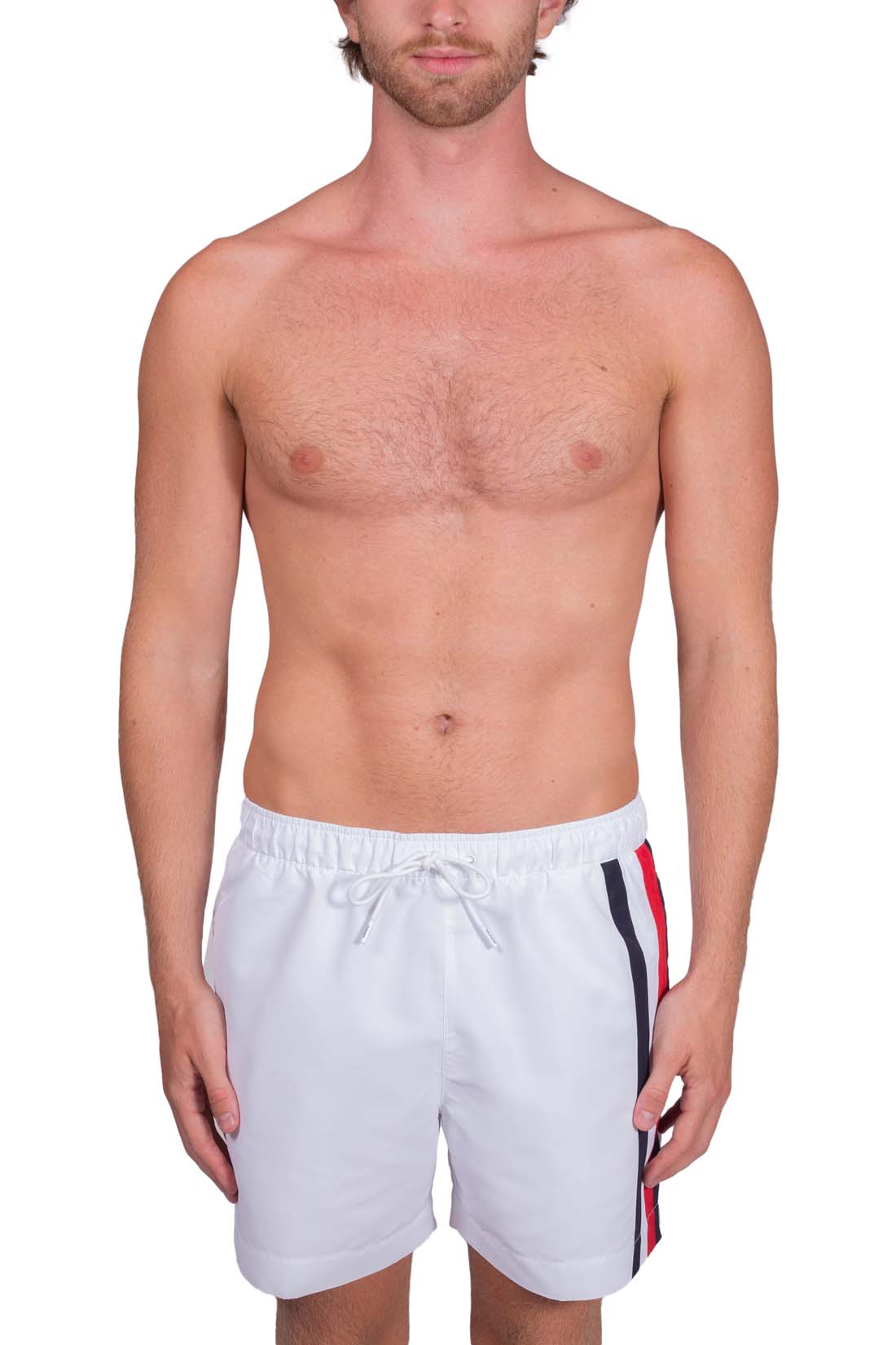 Men's white regular fit swim shorts featuring iconic logo taping and an elasticated drawstring waistband — view 10