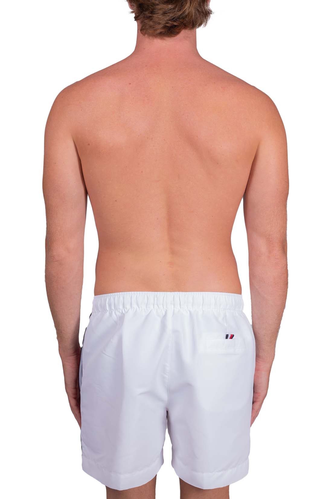 Men's white regular fit swim shorts featuring iconic logo taping and an elasticated drawstring waistband — view 3