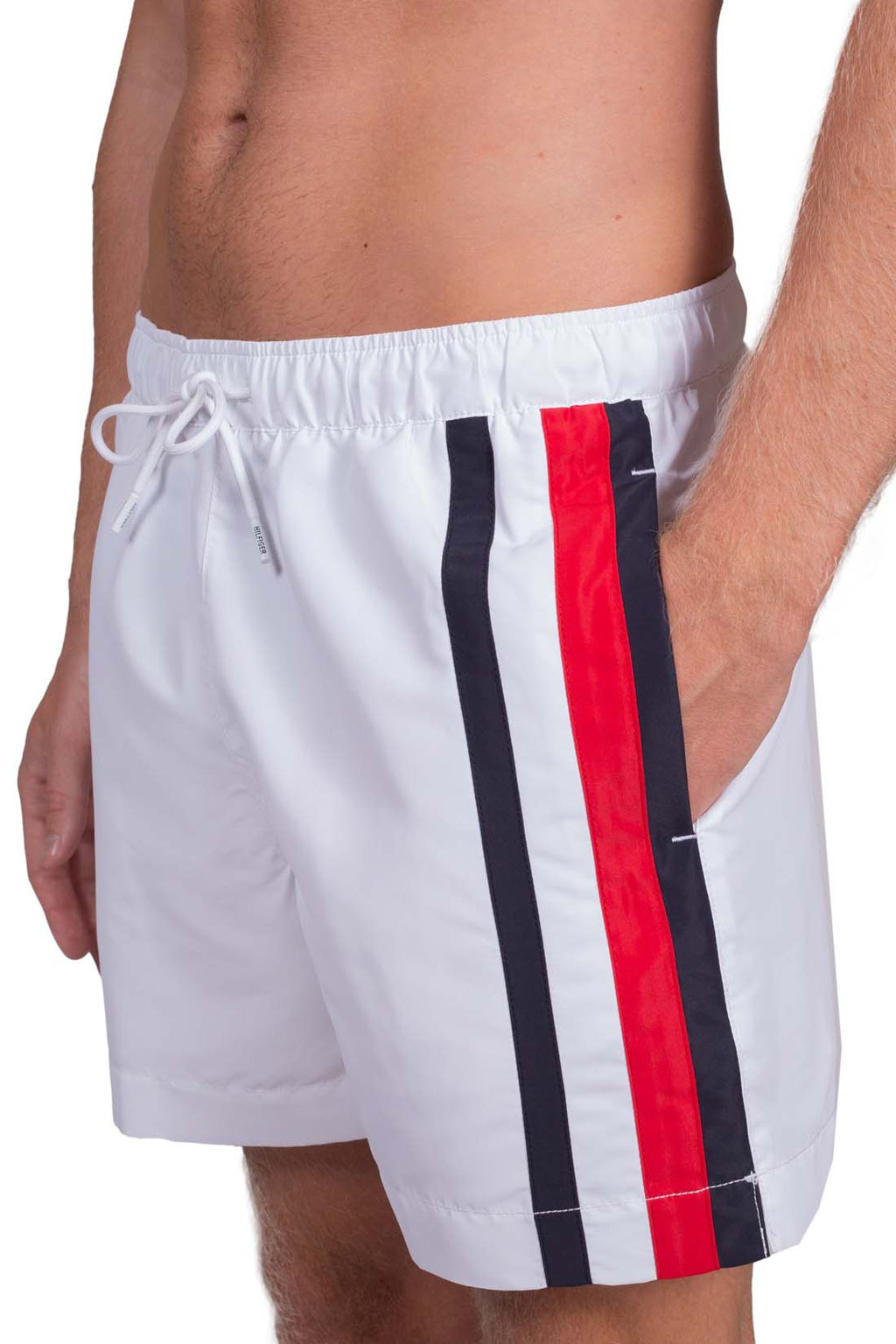 Men's white regular fit swim shorts featuring iconic logo taping and an elasticated drawstring waistband — view 5