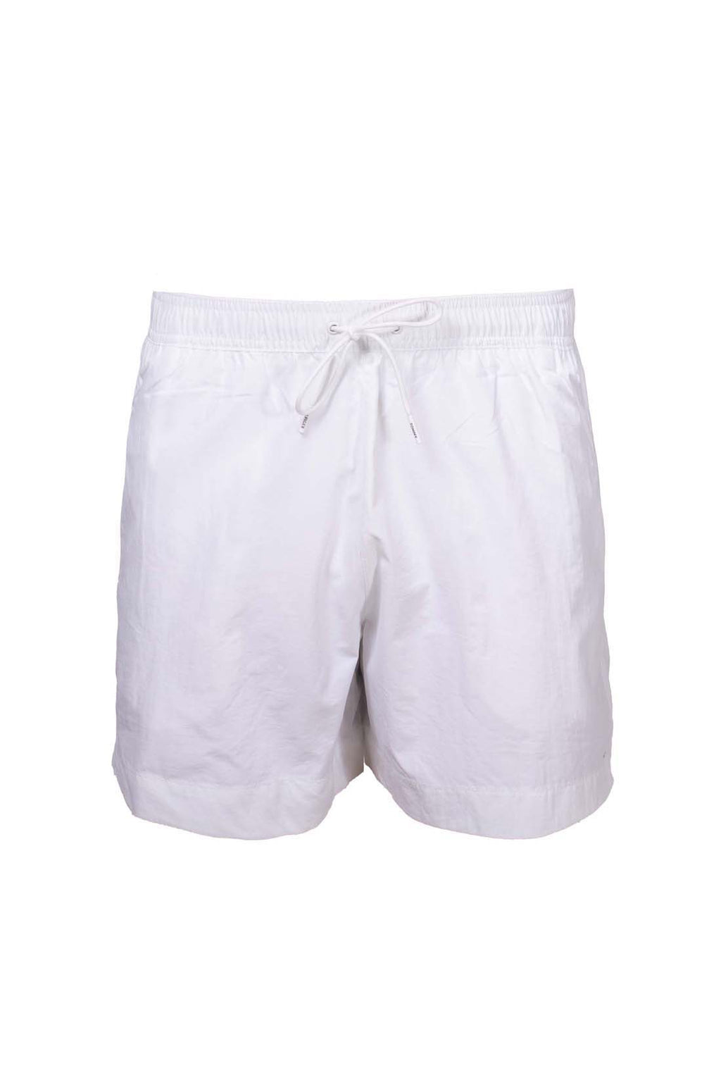 Men's white nylon swim shorts with drawstring waist and embroidered logo detail — view 4