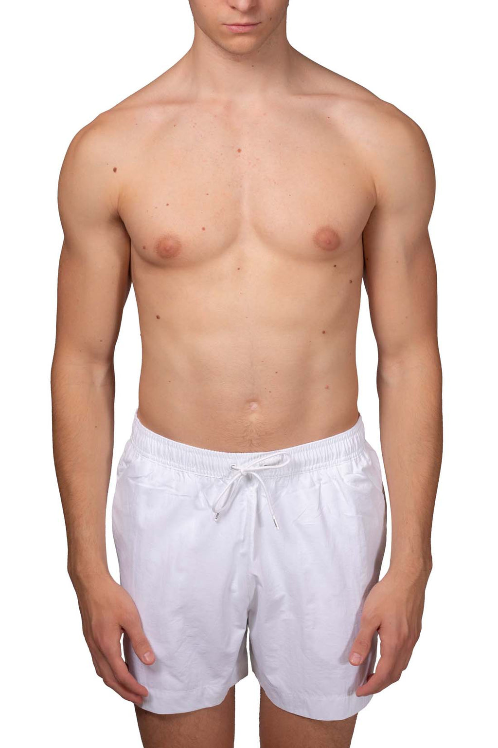 Men's white nylon swim shorts with drawstring waist and embroidered logo detail — view 3