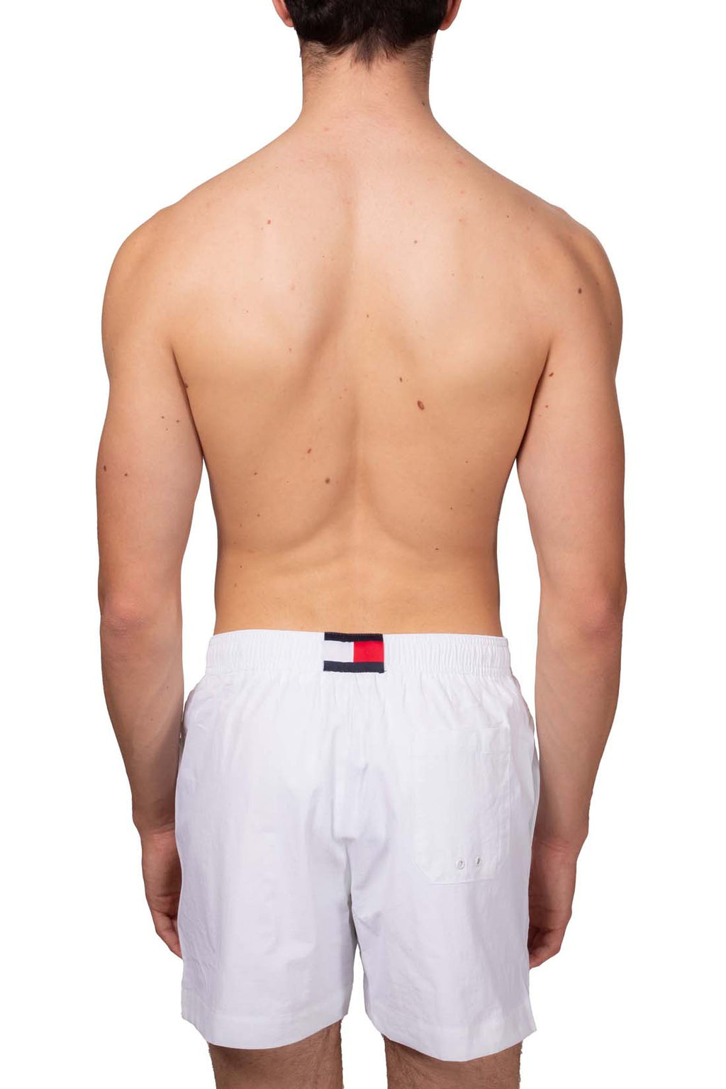 Men's white nylon swim shorts with drawstring waist and embroidered logo detail — view 2