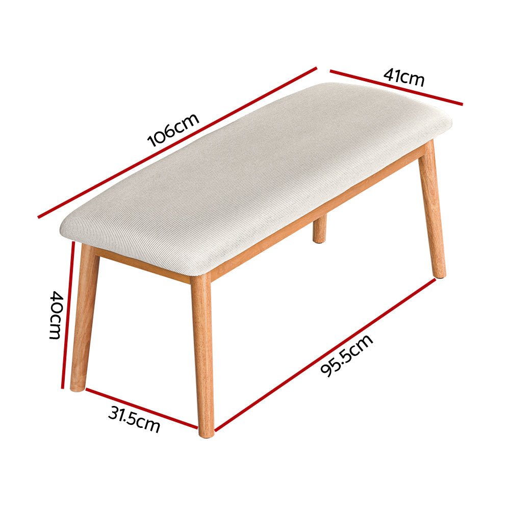 Contemporary dining bench with beige faux linen cushioned seat and solid rubberwood oak finish legs — view 2