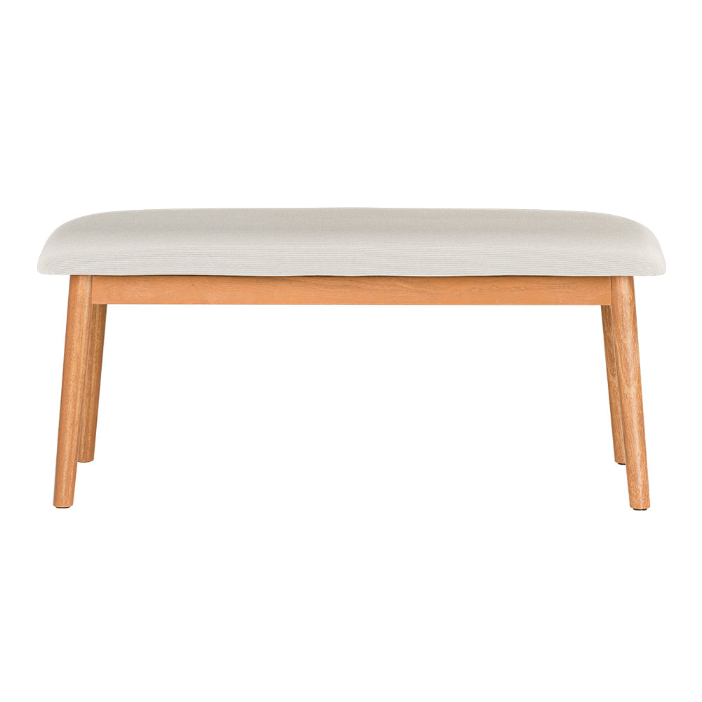 Contemporary dining bench with beige faux linen cushioned seat and solid rubberwood oak finish legs — view 3