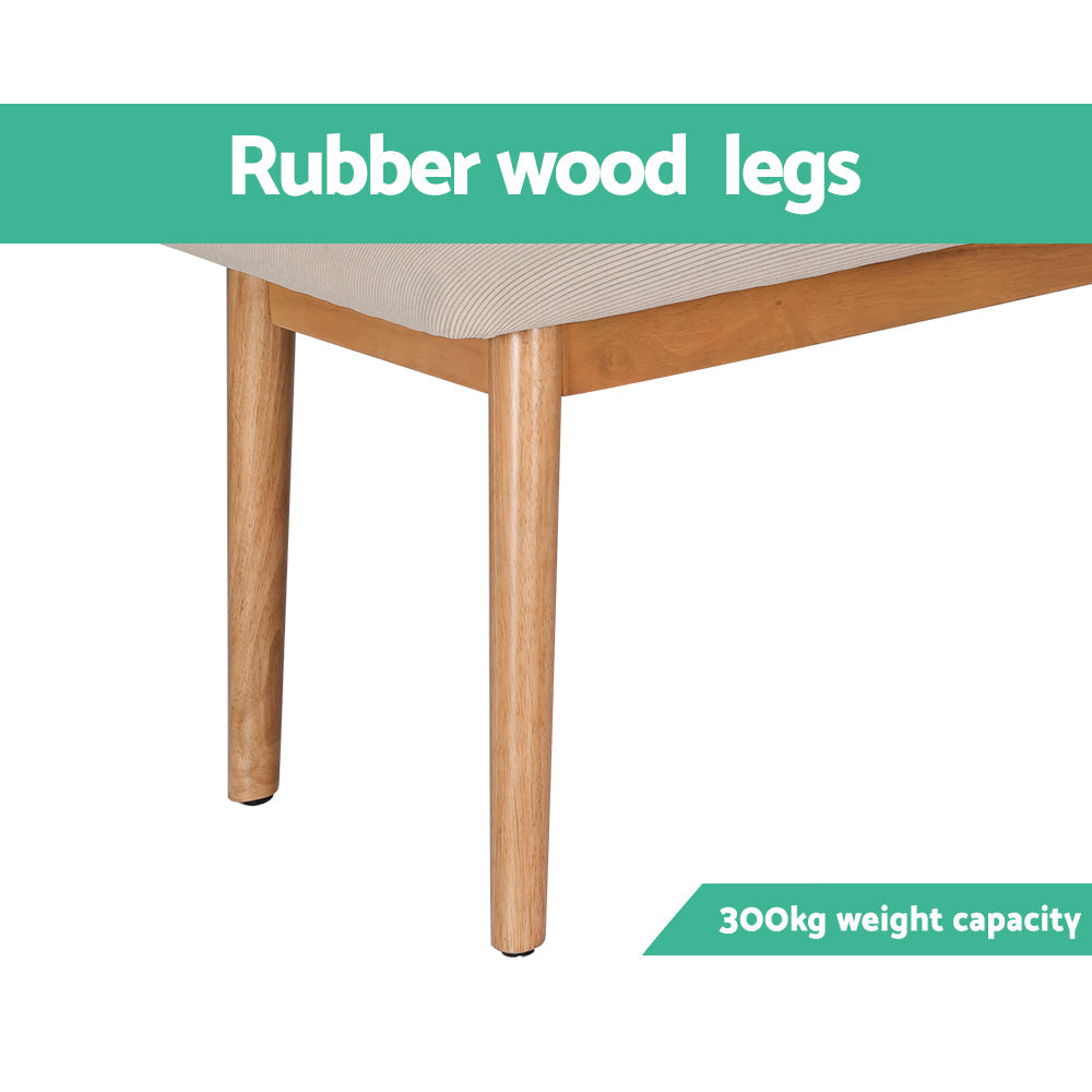 Contemporary dining bench with beige faux linen cushioned seat and solid rubberwood oak finish legs — view 4