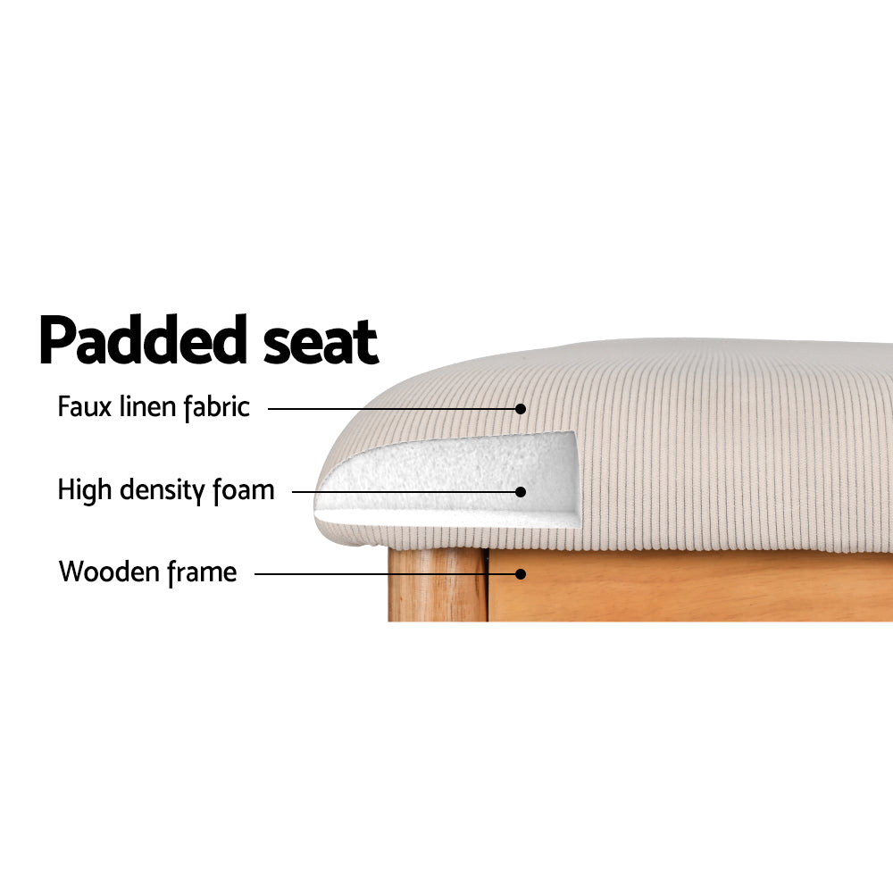 Contemporary dining bench with beige faux linen cushioned seat and solid rubberwood oak finish legs — view 5