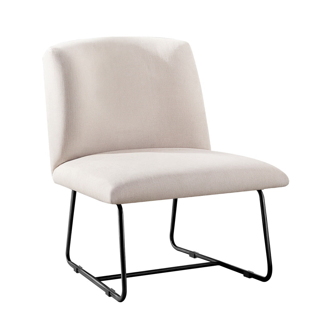 Beige faux linen armless accent chair with black metal sled base for modern living room seating