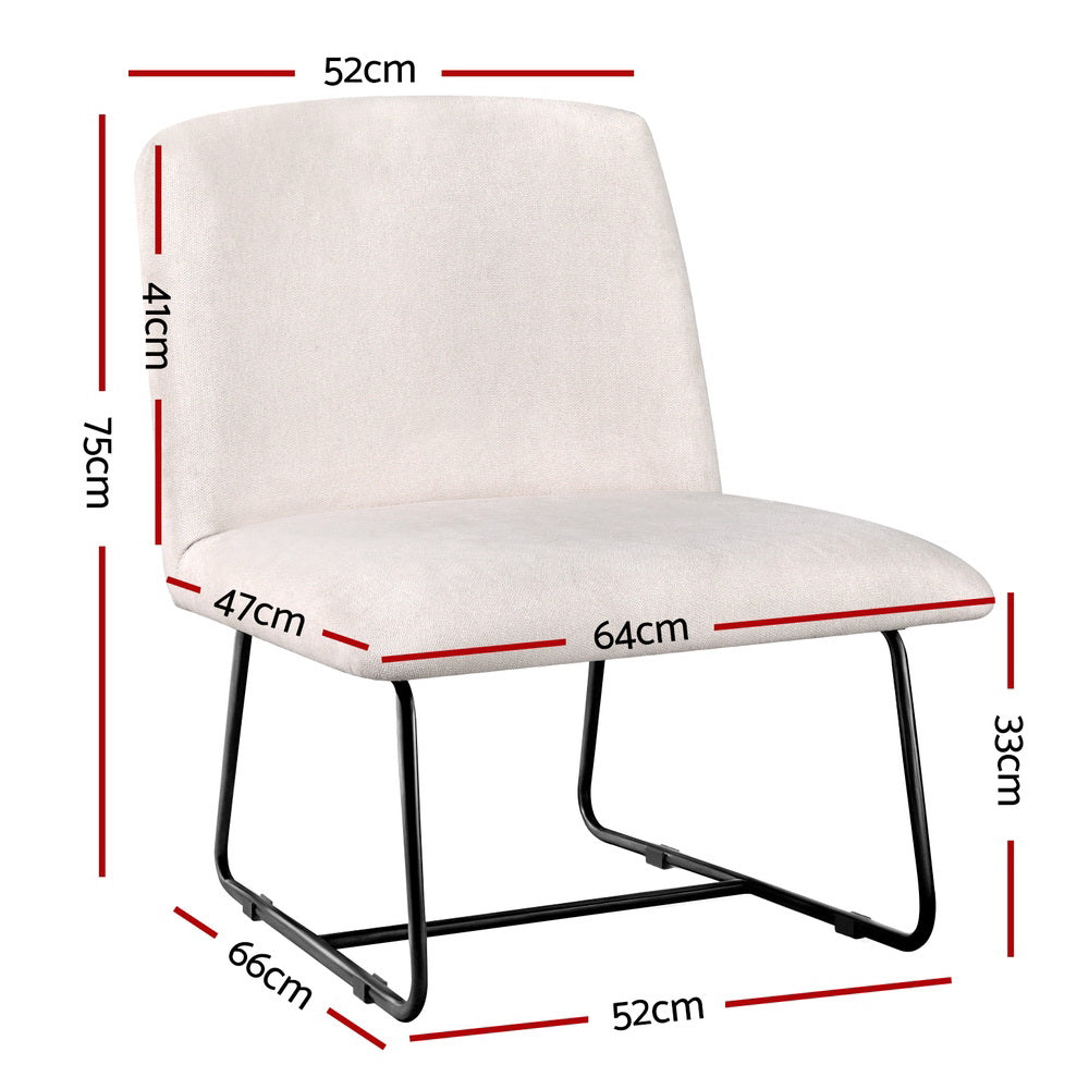 Beige faux linen armless accent chair with black metal sled base for modern living room seating — view 2