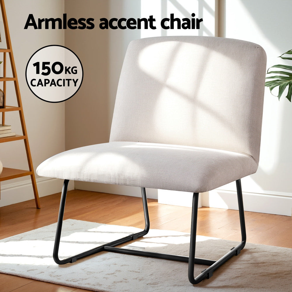 Beige faux linen armless accent chair with black metal sled base for modern living room seating — view 4