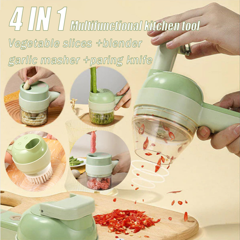 Cordless electric USB charged vegetable slicer and garlic masher in white ABS material
