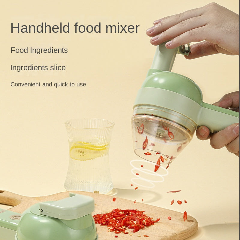 Cordless electric USB charged vegetable slicer and garlic masher in white ABS material — view 2