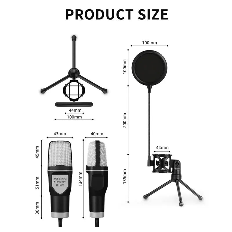Black USB RGB gaming microphone with colorful LED lights on a desktop stand for live streaming. — view 4