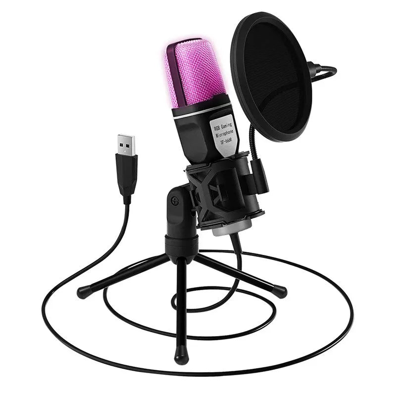 USB RGB gaming microphone with cardioid polar pattern for clear desktop streaming audio