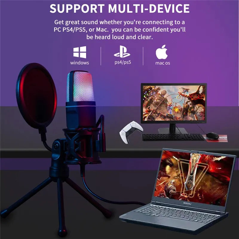 USB RGB gaming microphone with cardioid polar pattern for clear desktop streaming audio — view 2