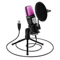 Black USB RGB gaming microphone with colorful LED lights on a desktop stand for live streaming.