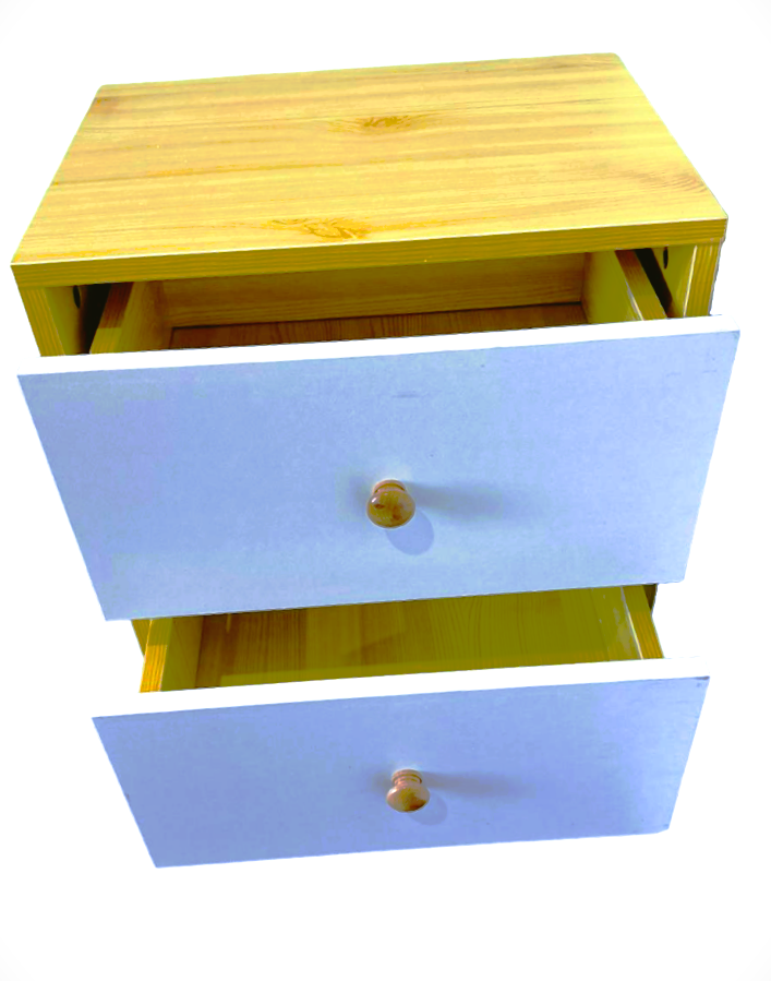 White and pine wooden bedside cabinet with two drawers and solid sturdy farmhouse legs — view 5