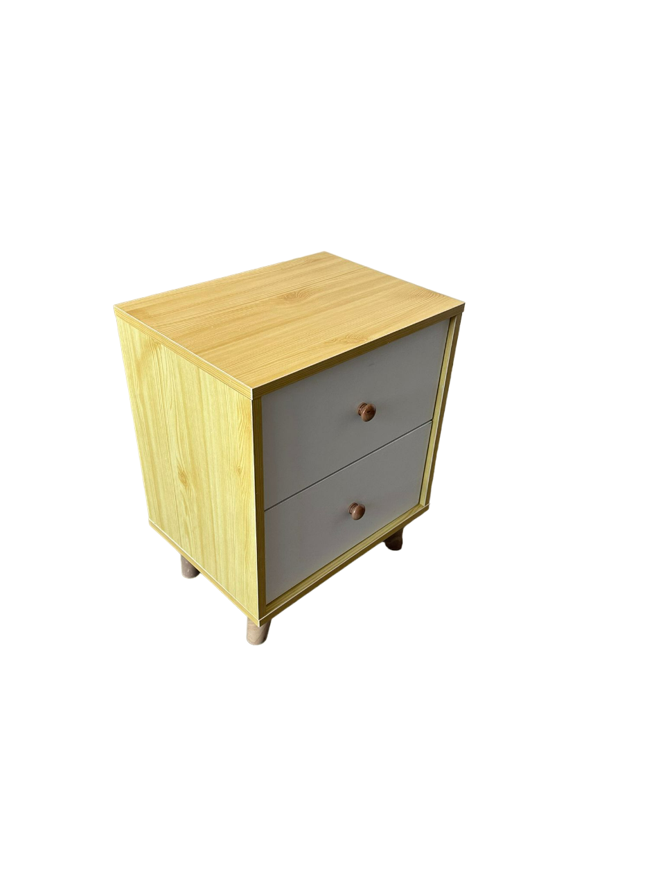 White and pine wooden bedside cabinet with two drawers and solid sturdy farmhouse legs — view 4